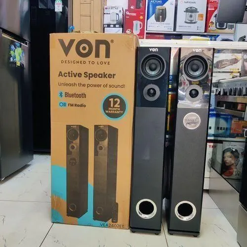 VON 2.0Ch Active Tallboys Subwoofer 240W RMS with Remote Control, Karaoke Function, Bluetooth, FM Tuner & Bass Control